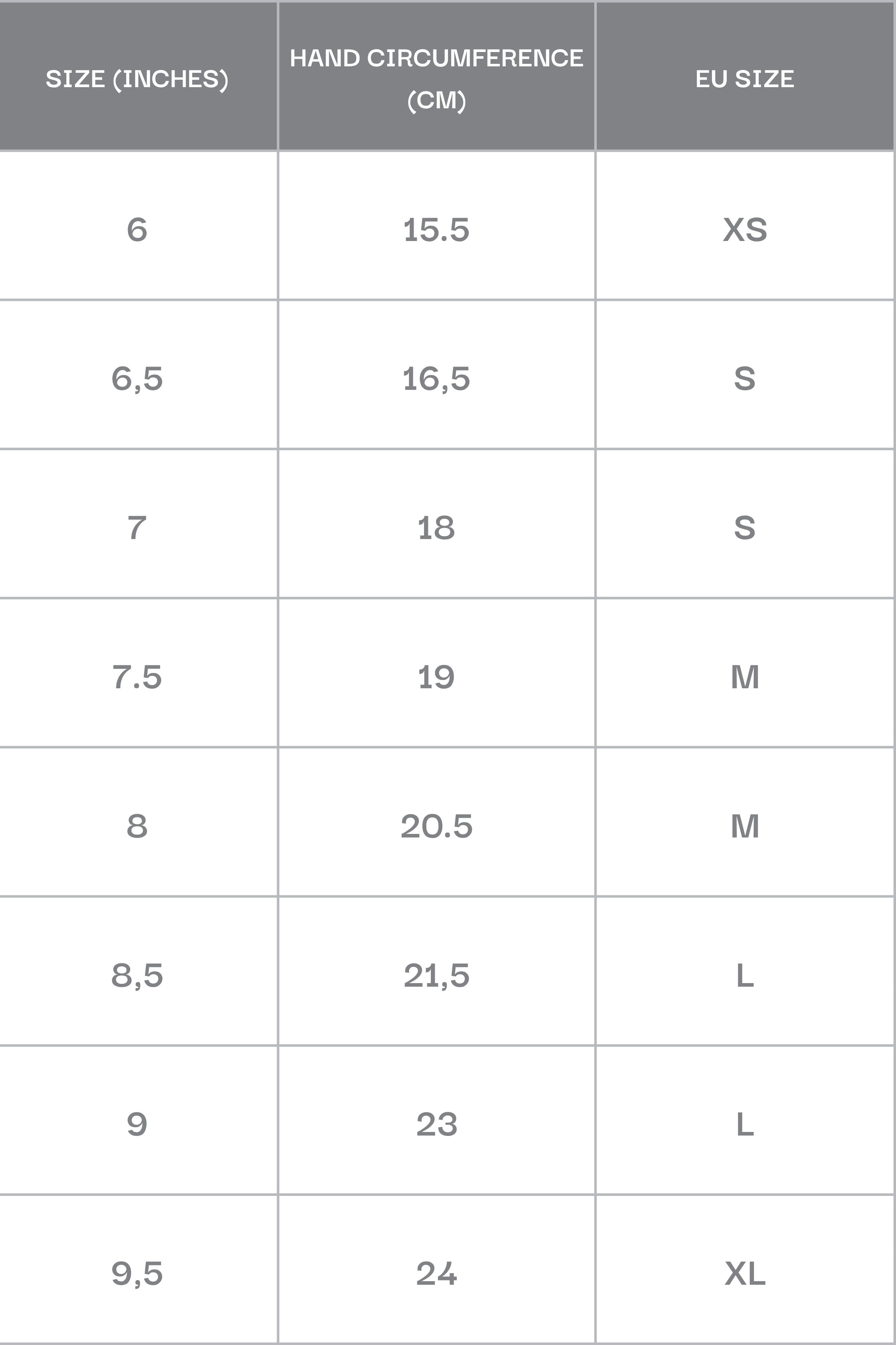 Women's gloves - a size chart.