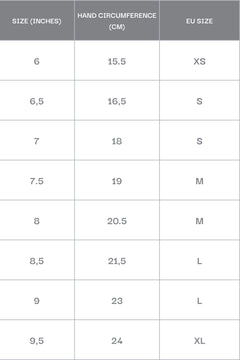 Women's gloves - a size chart.