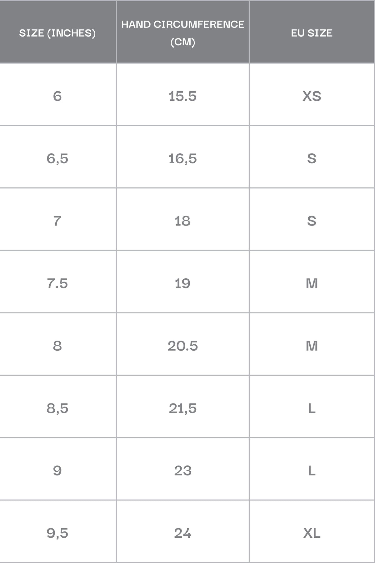 Women's gloves - a size chart.