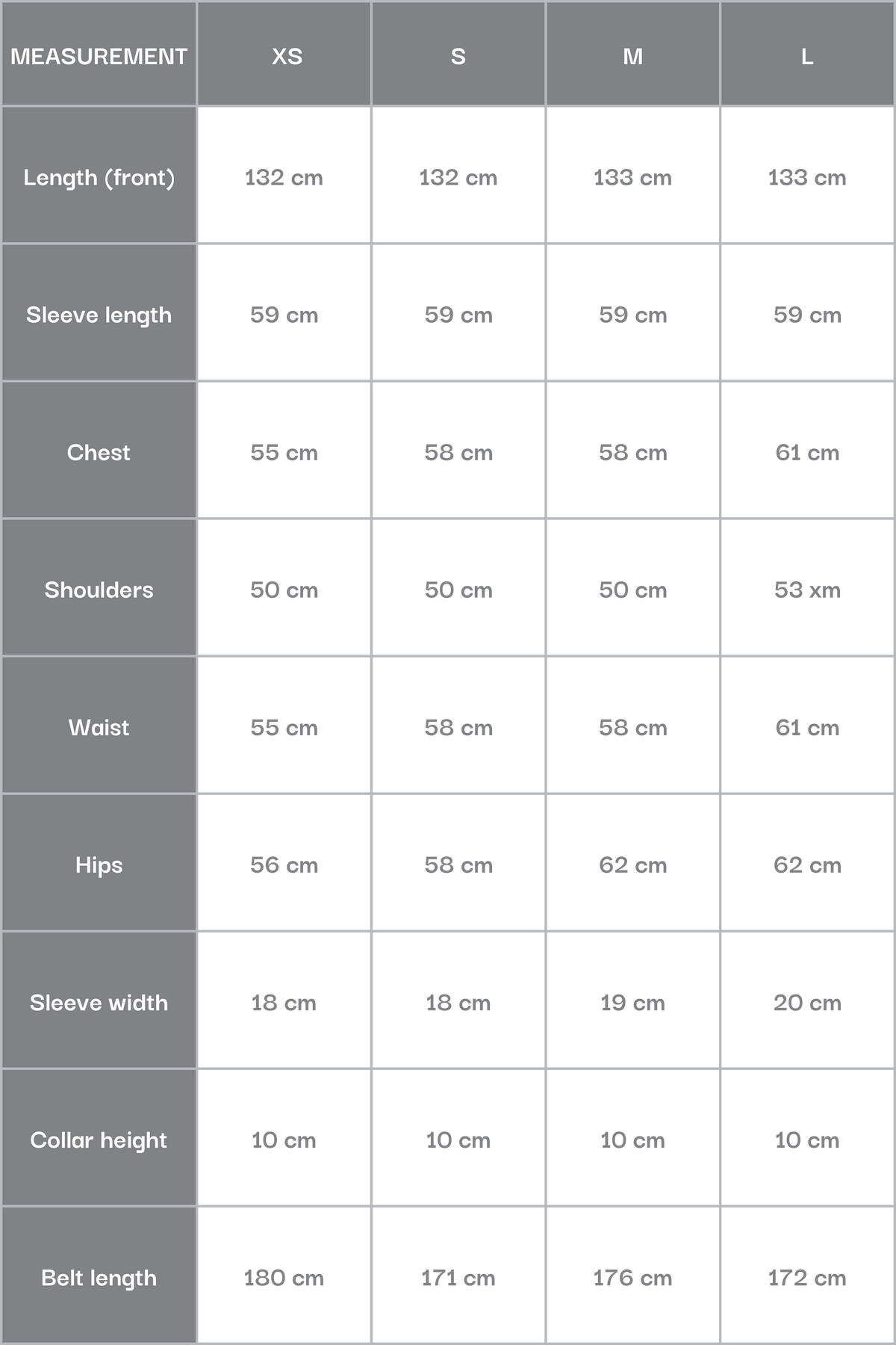 Size chart for Women’s Grey Ankle-Length Coat Estro ER00117897.