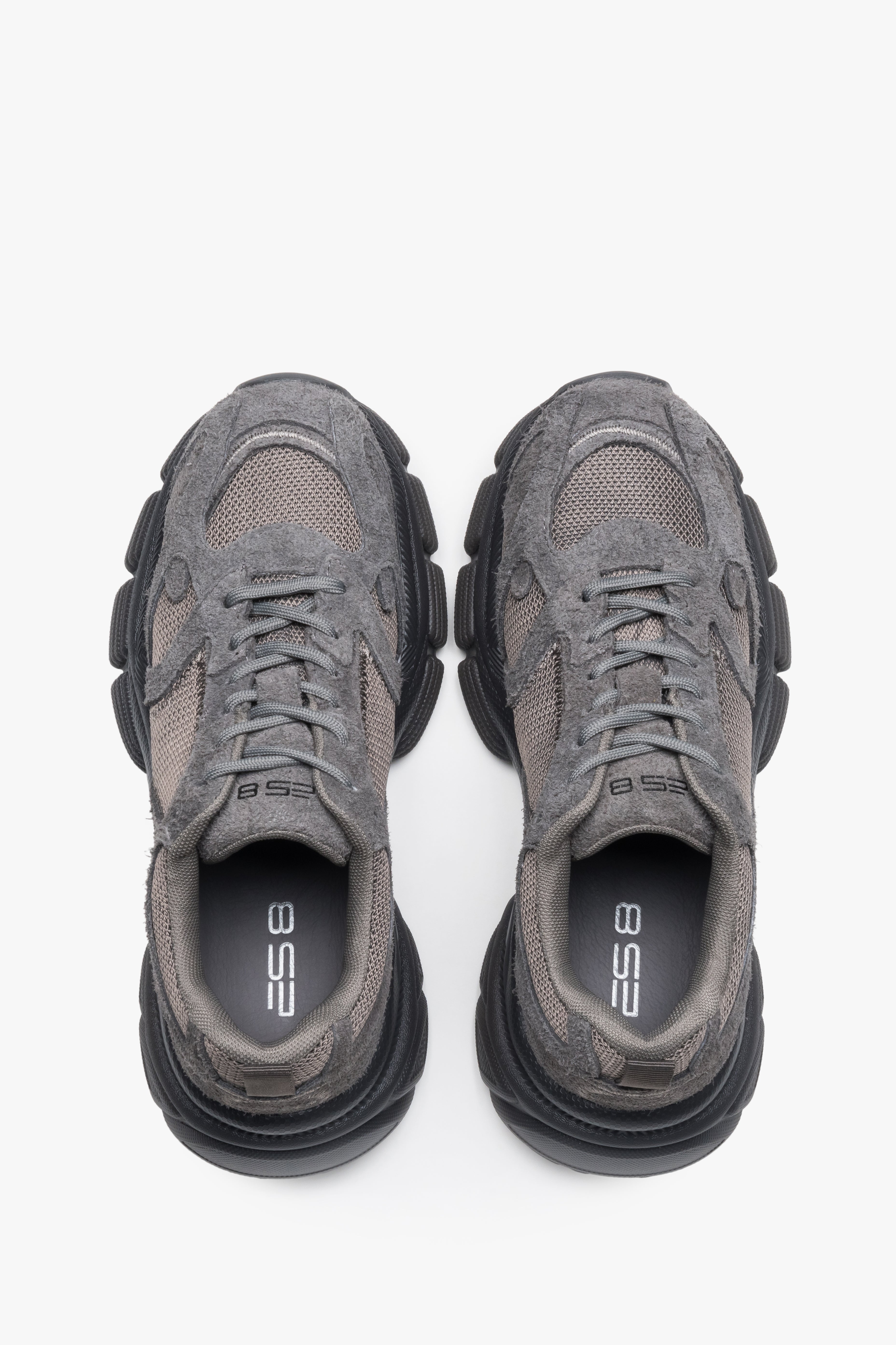Women's platform sneakers, grey, made of natural velour and breathable mesh, ES8.