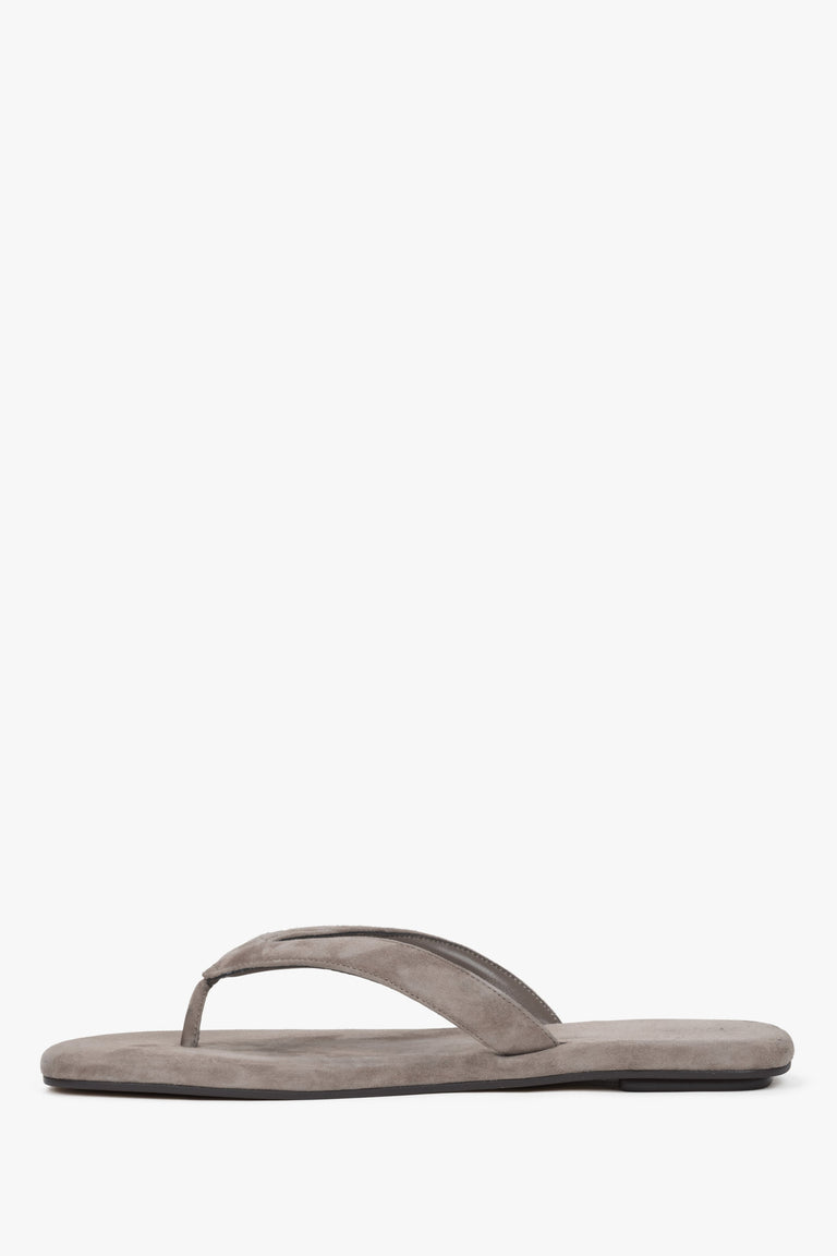 Women’s grey flip-flops made from soft genuine velour by Estro - side view.
