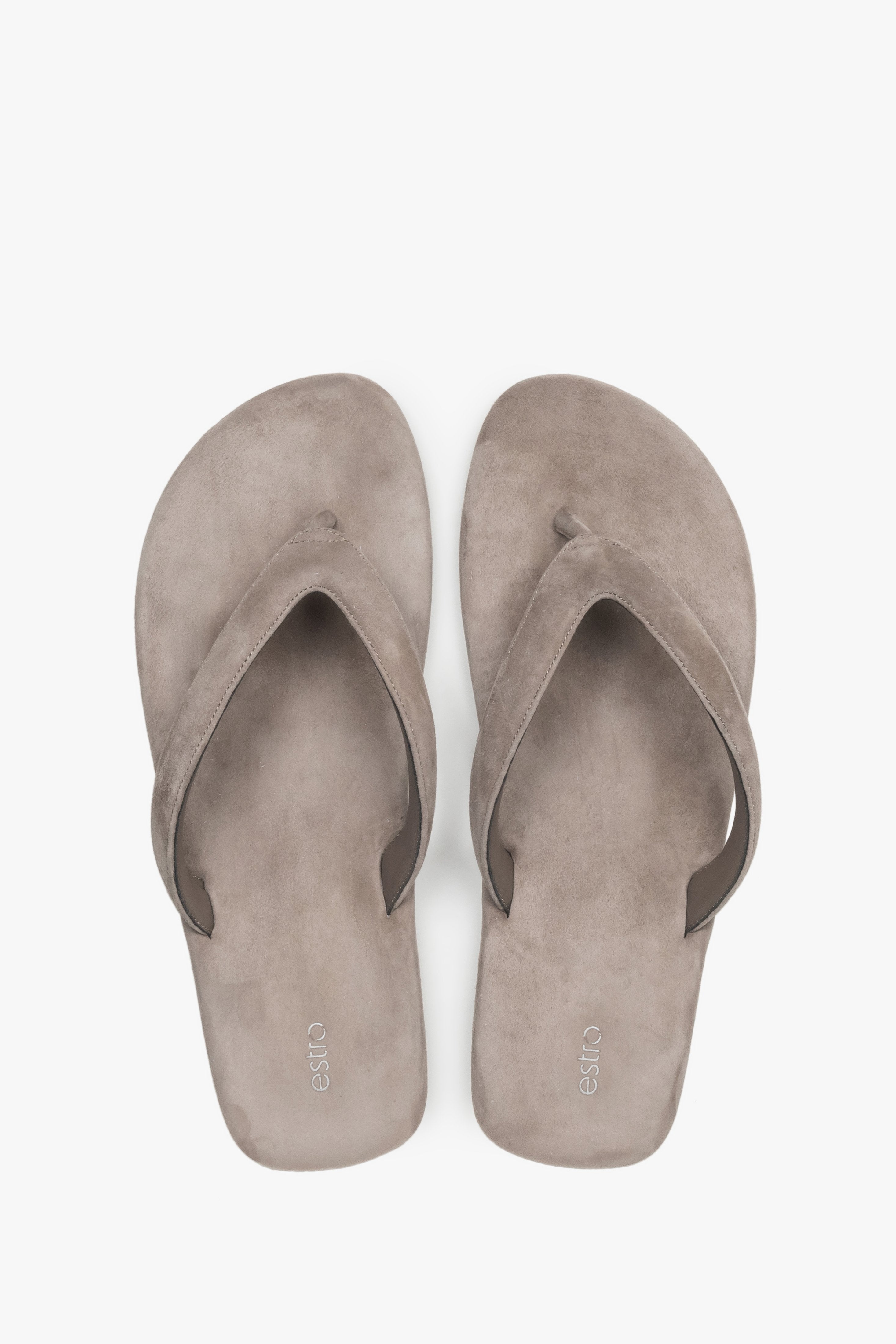Women’s grey flip-flops made from soft genuine velour by Estro – top view.