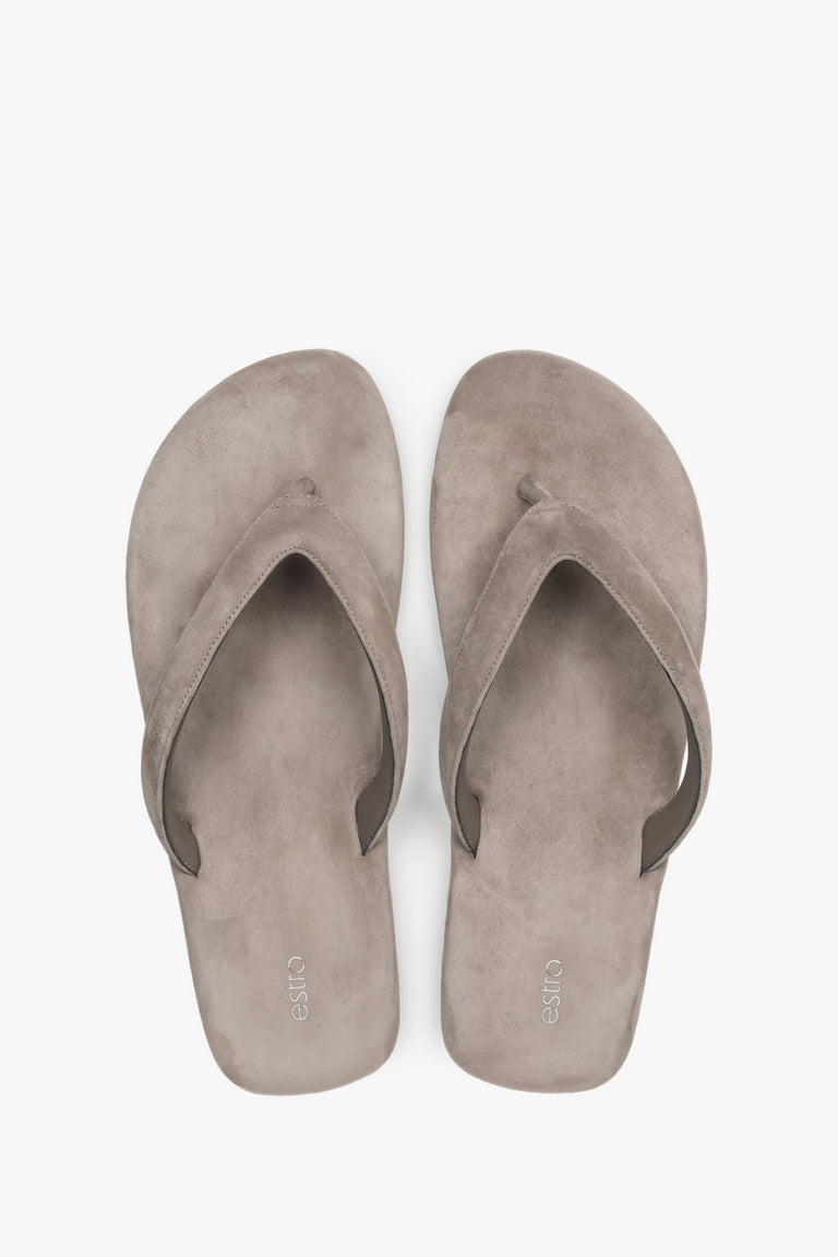 Women’s grey flip-flops made from soft genuine velour by Estro – top view.