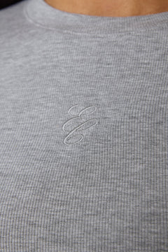 Grey ribbed cotton-viscose women's long-sleeve top by Estro Club - details.