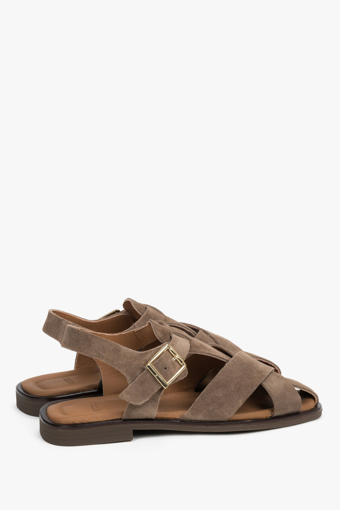 Grey Estro women’s sandals made of natural suede with crisscross straps and a buckle.
