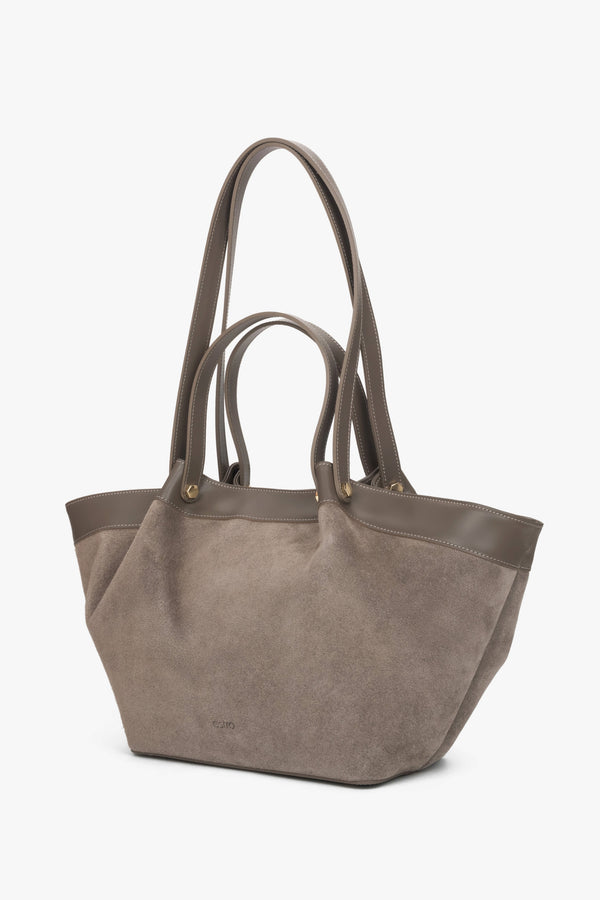 Women’s grey shopper bag made of Premium Italian genuine velour, Estro.