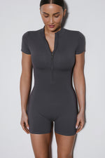 Women's Grey Slim Fit Sporty Jumpsuit with Short Sleeves and Shorts Estro ER00119500.