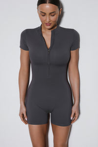 Women's Grey Slim Fit Sporty Jumpsuit with Short Sleeves and Shorts Estro ER00119500.