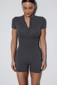 Women's Grey Slim Fit Sporty Jumpsuit with Short Sleeves and Shorts Estro ER00119500.