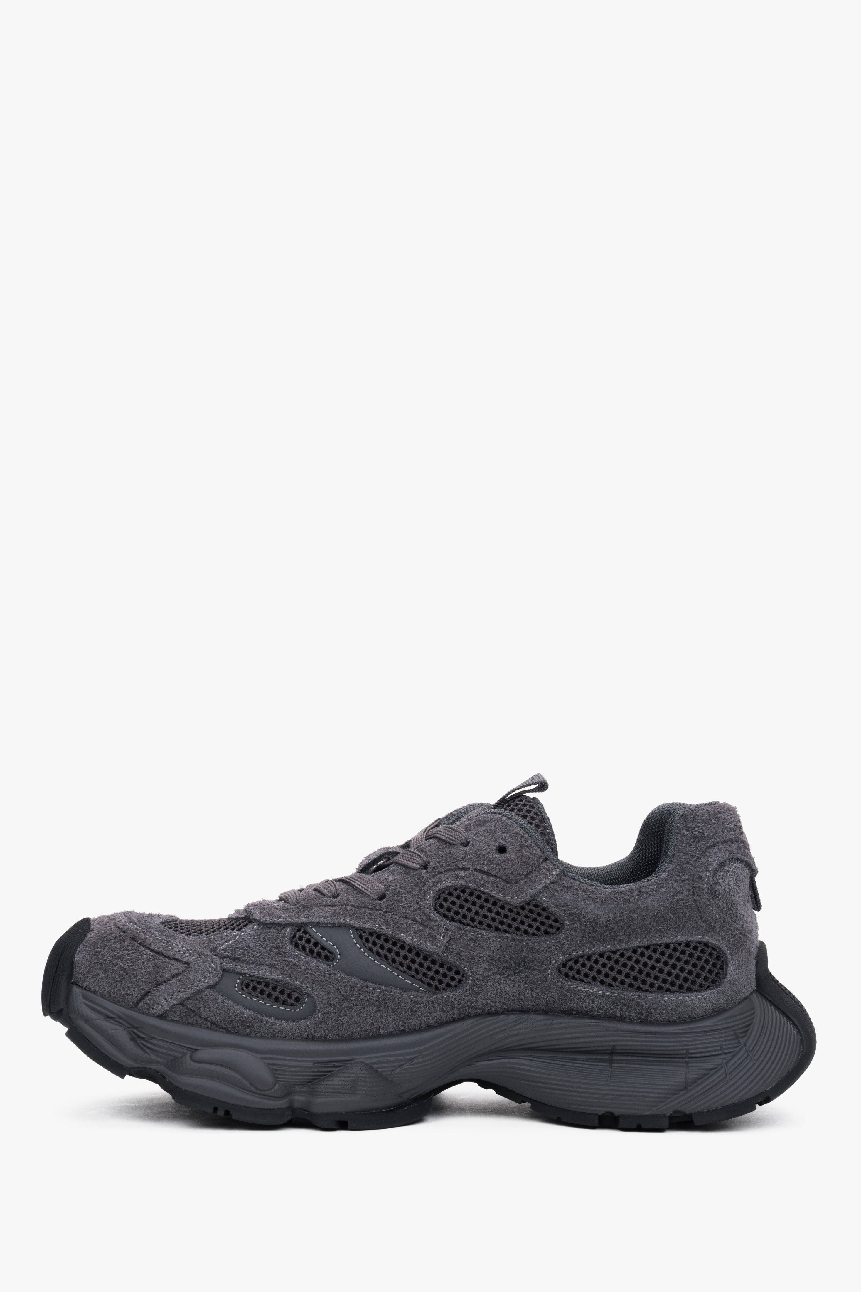 Close-up of the women's premium grey velour sneakers, highlighting the rich texture of the upper and secure lacing.