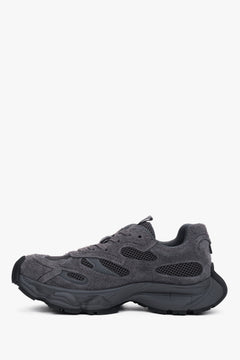 Close-up of the women's premium grey velour sneakers, highlighting the rich texture of the upper and secure lacing.