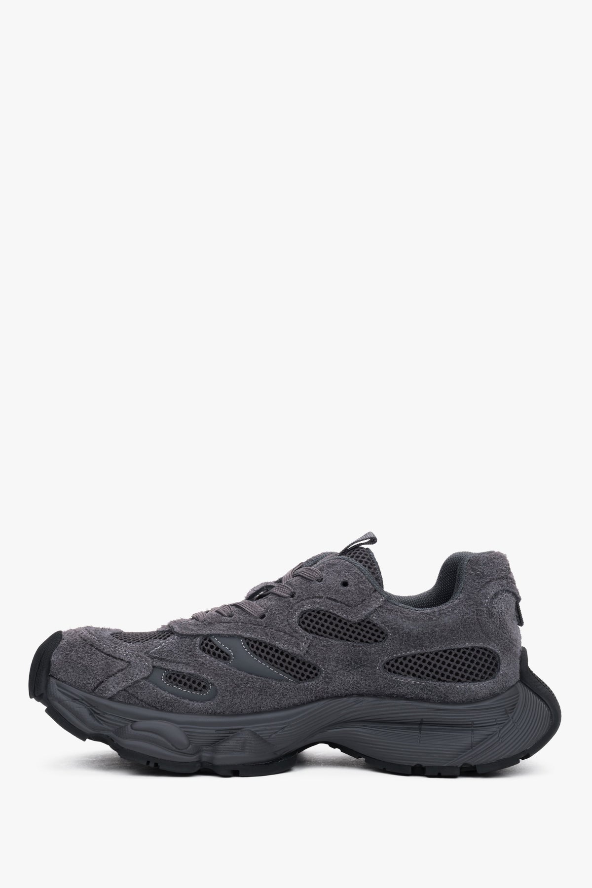 Close-up of the women's premium grey velour sneakers, highlighting the rich texture of the upper and secure lacing.