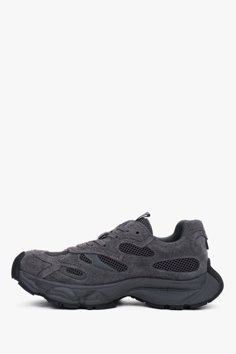 Close-up of the women's premium grey velour sneakers, highlighting the rich texture of the upper and secure lacing.