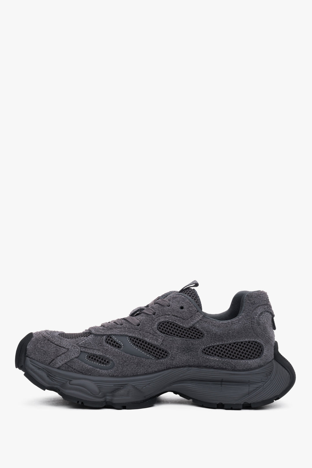 Close-up of the women's premium grey velour sneakers, highlighting the rich texture of the upper and secure lacing.