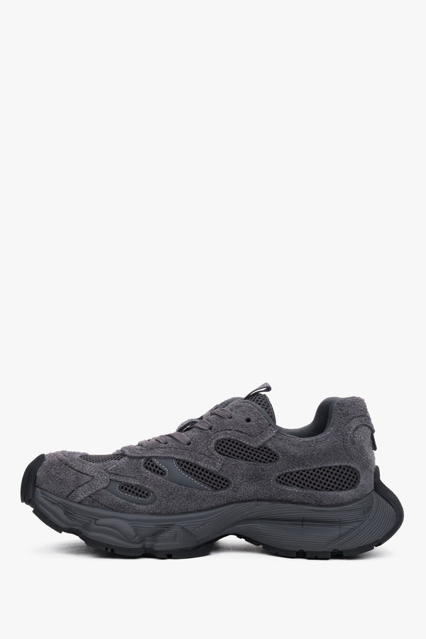 Close-up of the women's premium grey velour sneakers, highlighting the rich texture of the upper and secure lacing.