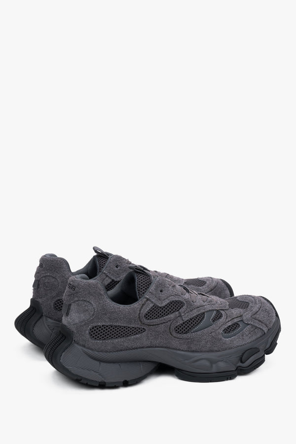 Women's grey velour platform sneakers – back view highlighting the stable heel support and geometric sole structure.