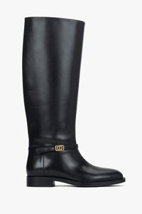 Women's High Black Genuine Leather Knee-High Boots with Gold Buckle Estro ER00118433.