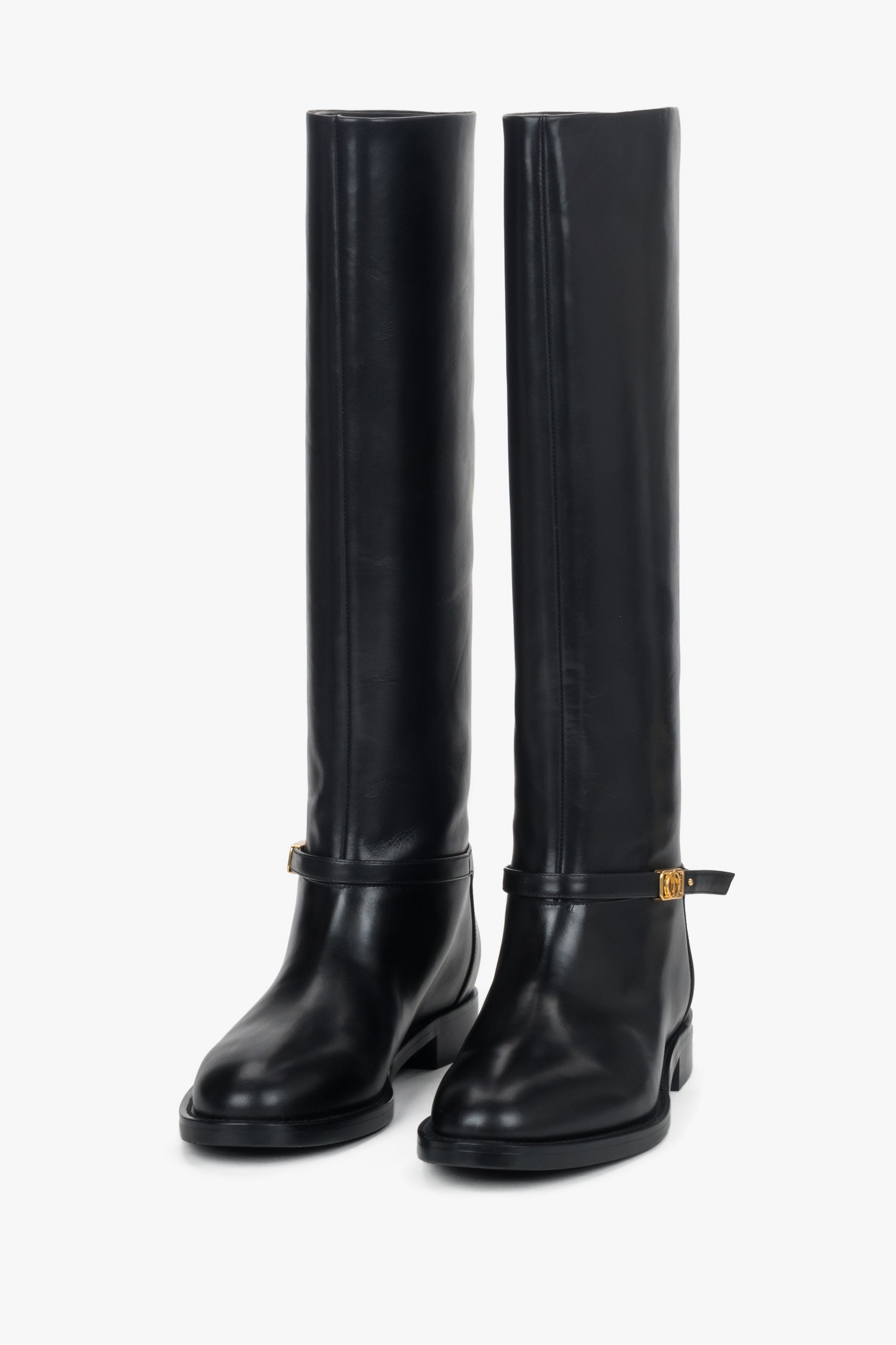 Women's high black genuine leather boots with a gold buckle Estro.