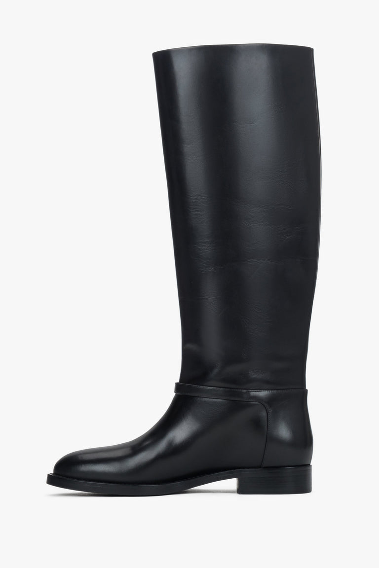 Estro women's boots – high, black, made of genuine leather, featuring a gold buckle.