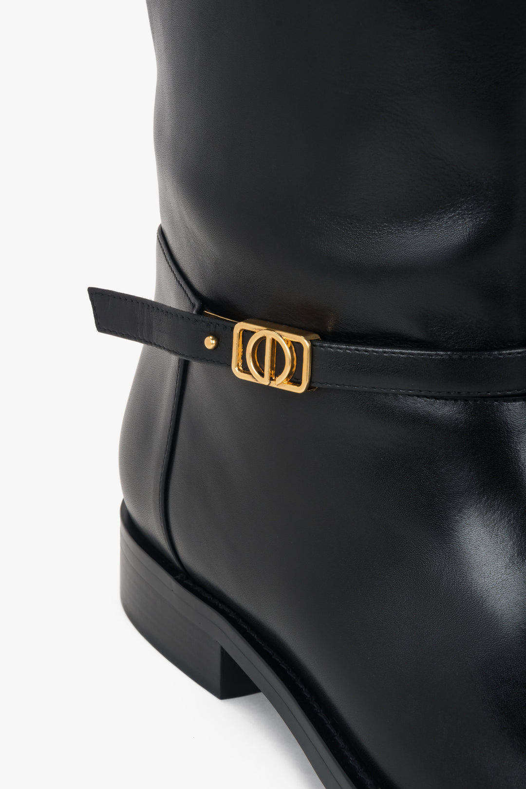With a gold buckle – high black women's genuine leather boots by Estro.