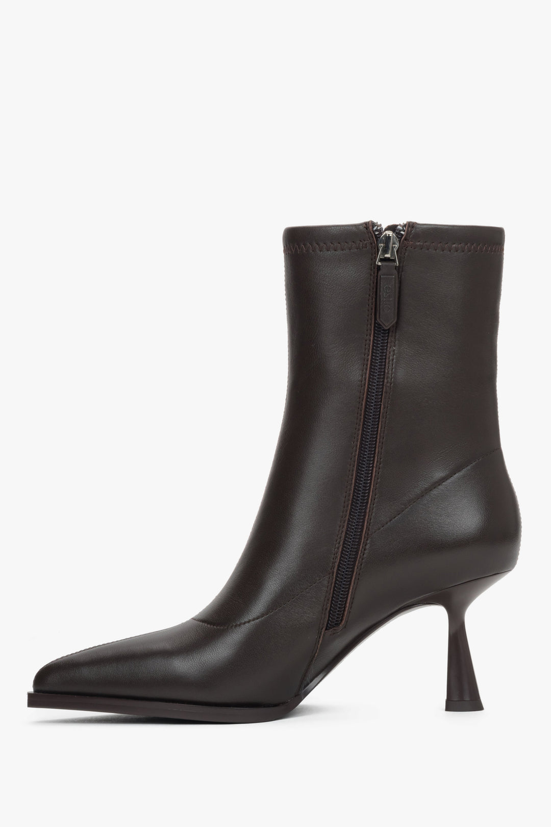 Insulated dark brown ankle boots in elastic genuine leather with a funnel heel.