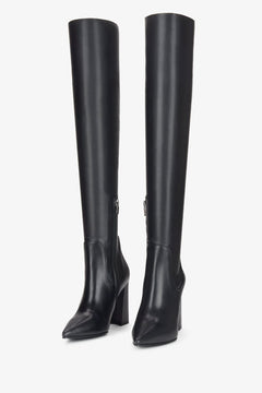 Black leather heeled knee-high boots Estro.