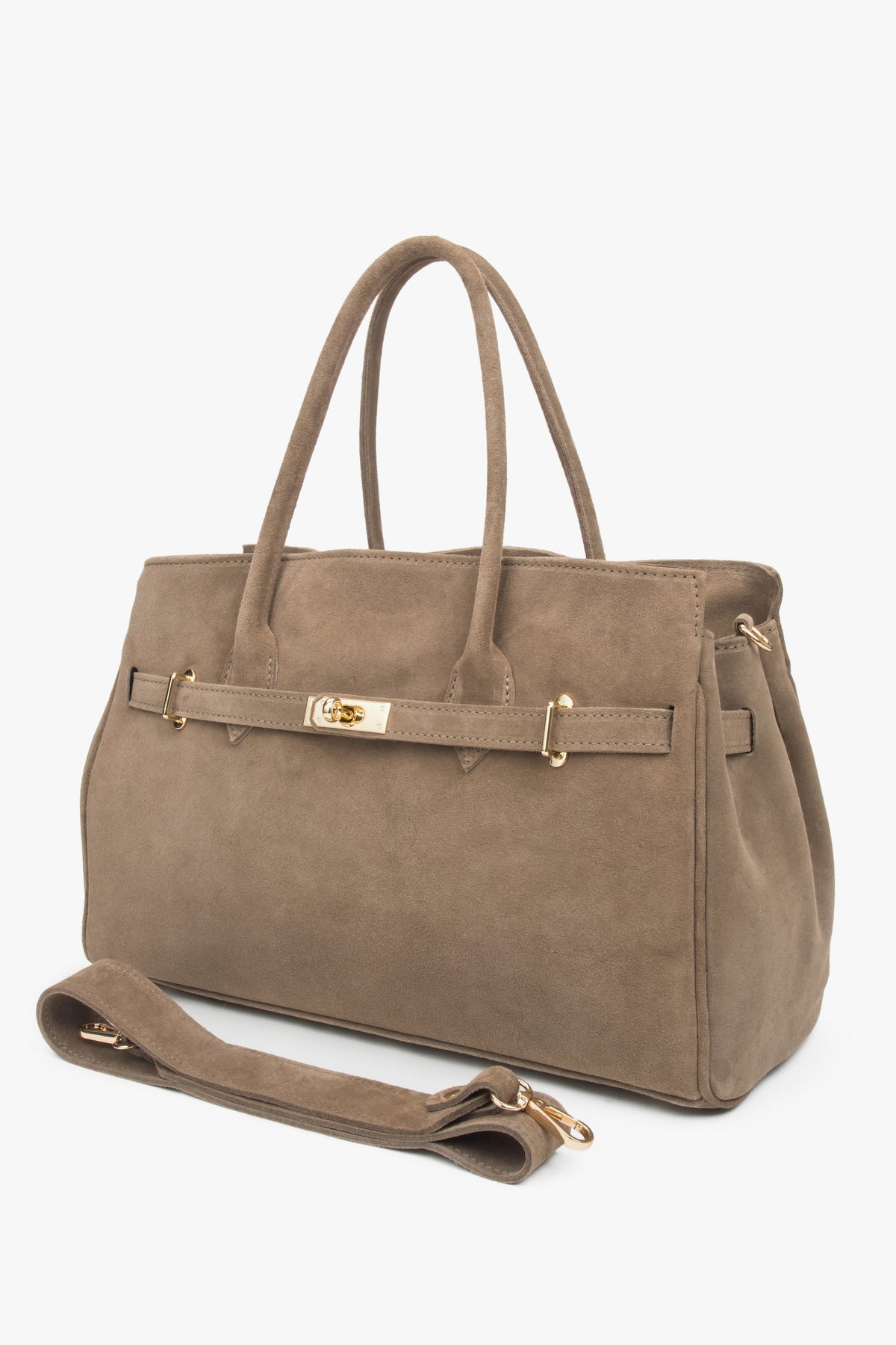 Large women's handbag with a velvety finish, made of rich Italian Premium velour in a noble brown shade.