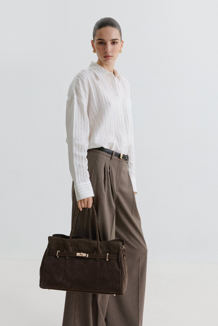 Women's Large Dark Brown Bag made of Premium Italian Genuine Velour Estro ER00116357.