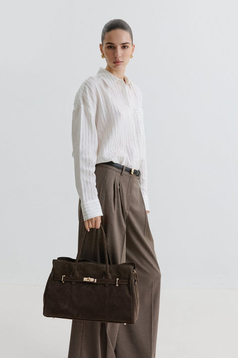 Women's Large Dark Brown Bag made of Premium Italian Genuine Velour Estro ER00116357.