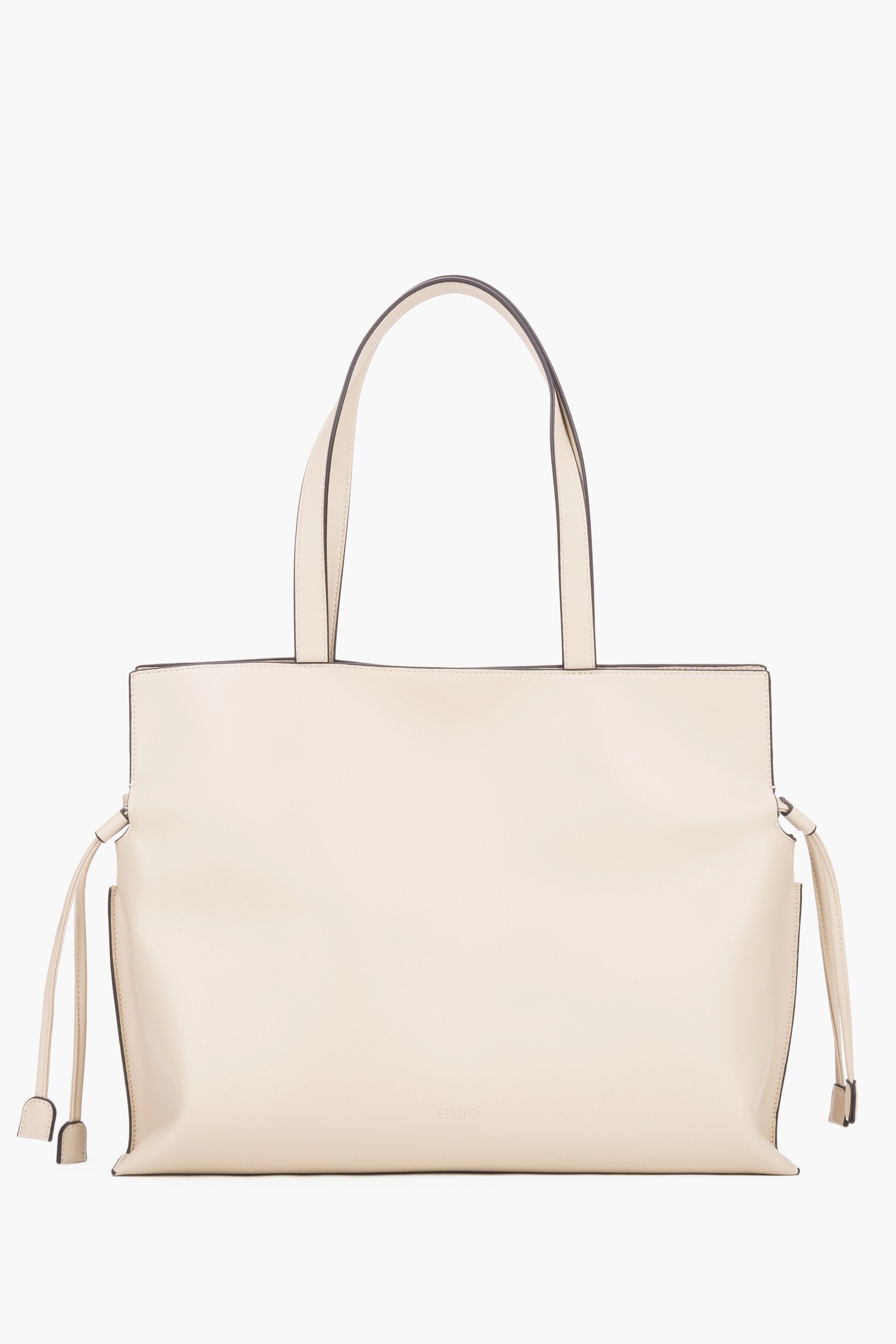 Women’s Large Leather Shopper Bag with Drawstrings in Milky-Beige Colour Estro ER00119886.