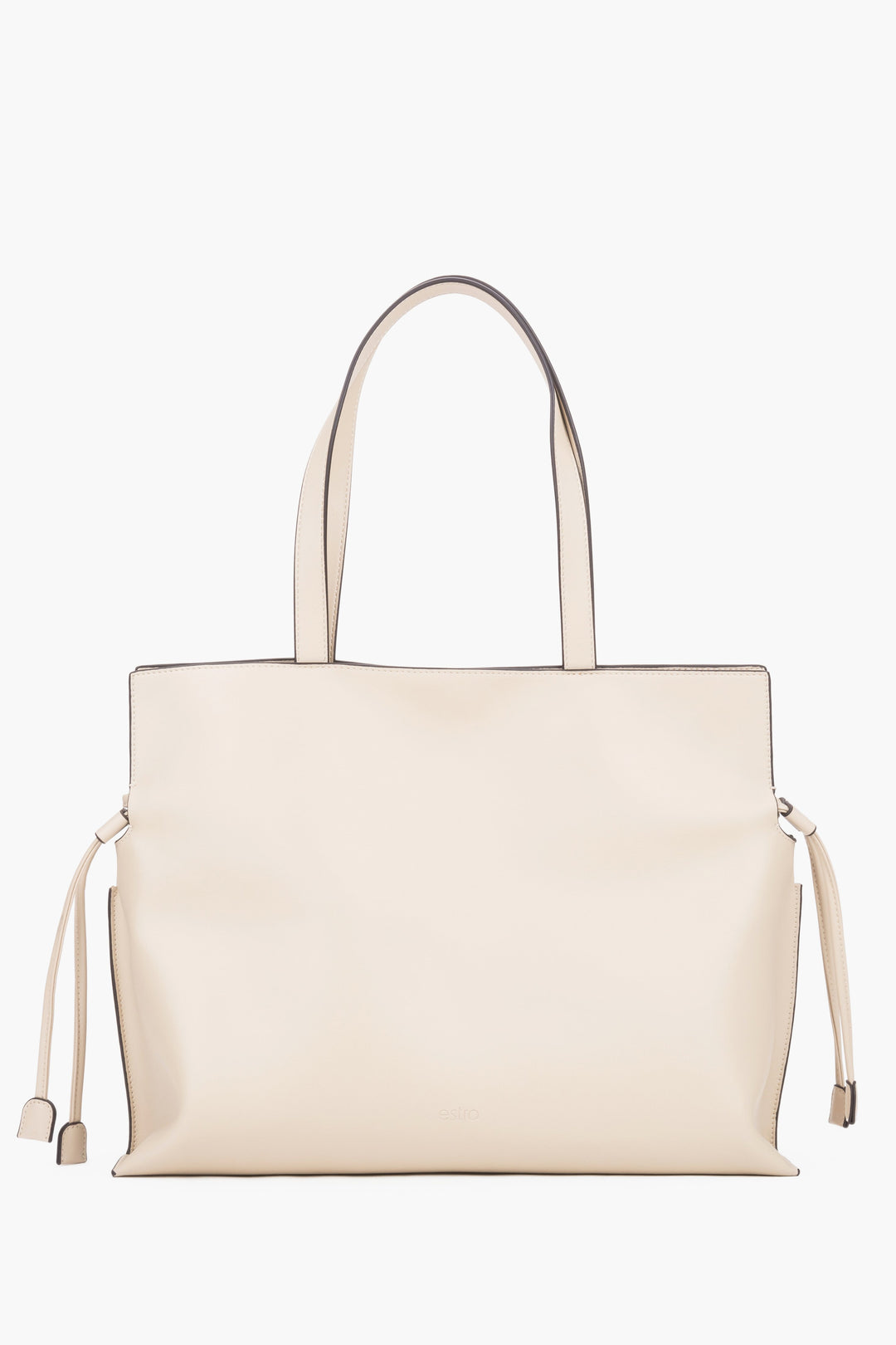 Women’s Large Leather Shopper Bag with Drawstrings in Milky-Beige Colour Estro ER00119886.