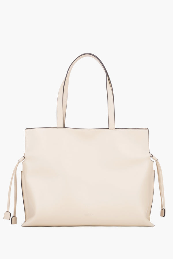 Women’s Large Leather Shopper Bag with Drawstrings in Milky-Beige Colour Estro ER00119886.
