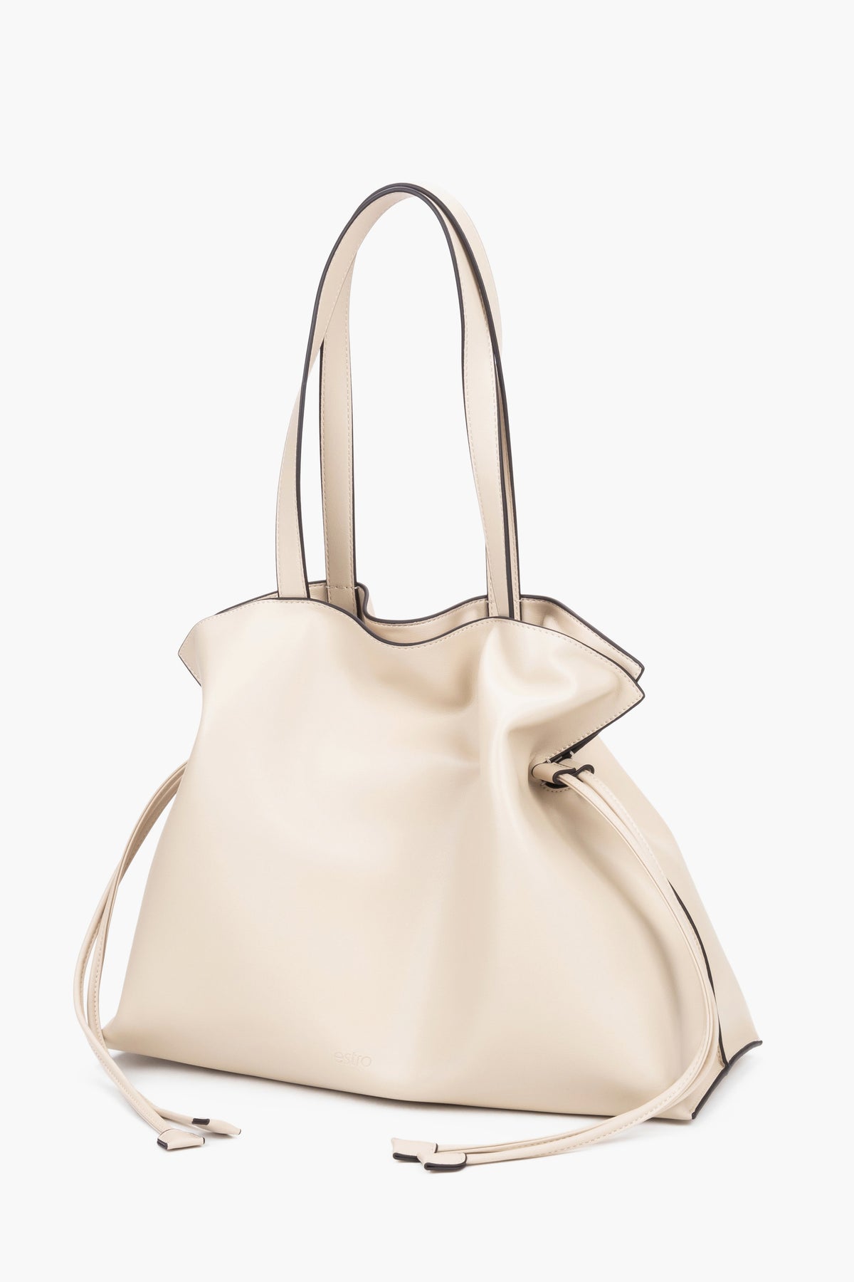 Large milky-beige women’s genuine leather shopper bag by Estro in a deep mocha shade, featuring a clean geometric silhouette with space for A4 documents