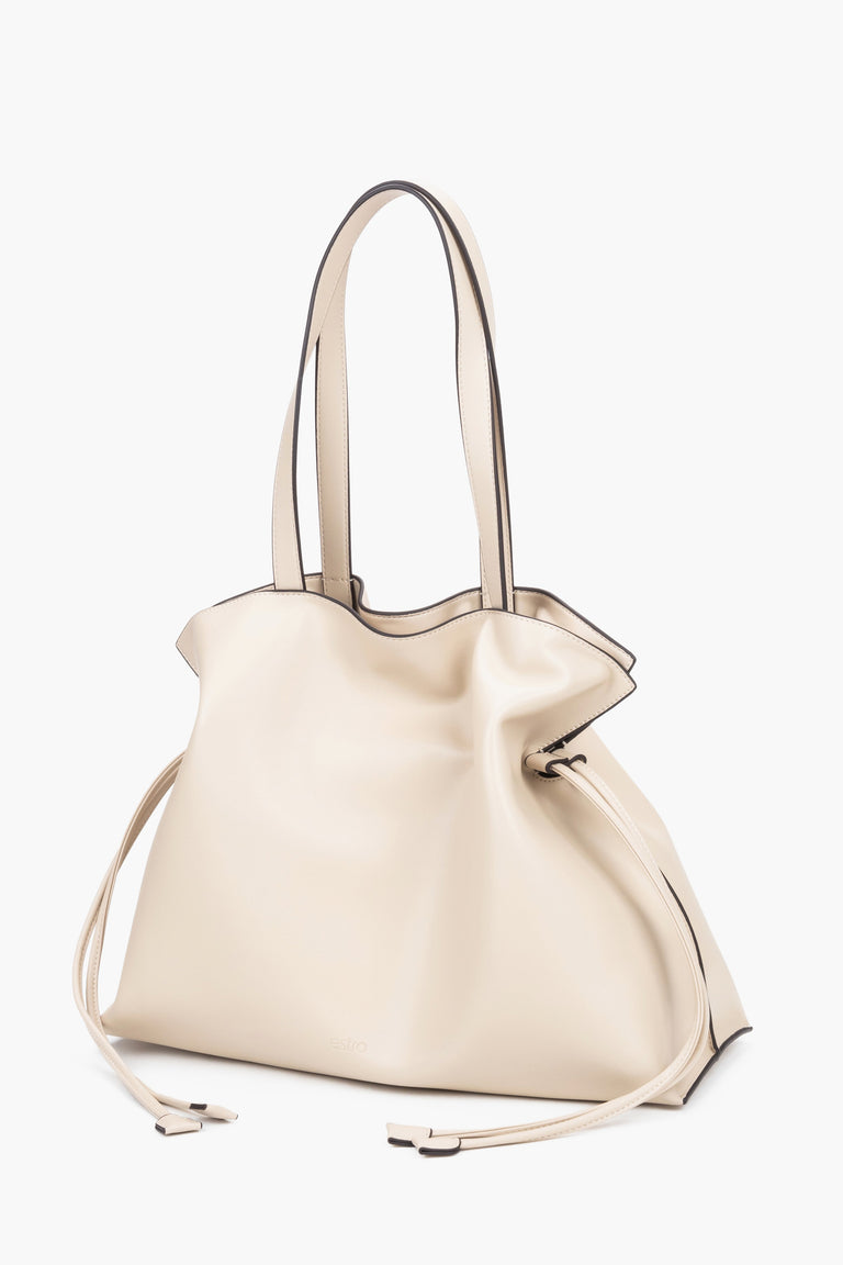 Large milky-beige women’s genuine leather shopper bag by Estro in a deep mocha shade, featuring a clean geometric silhouette with space for A4 documents