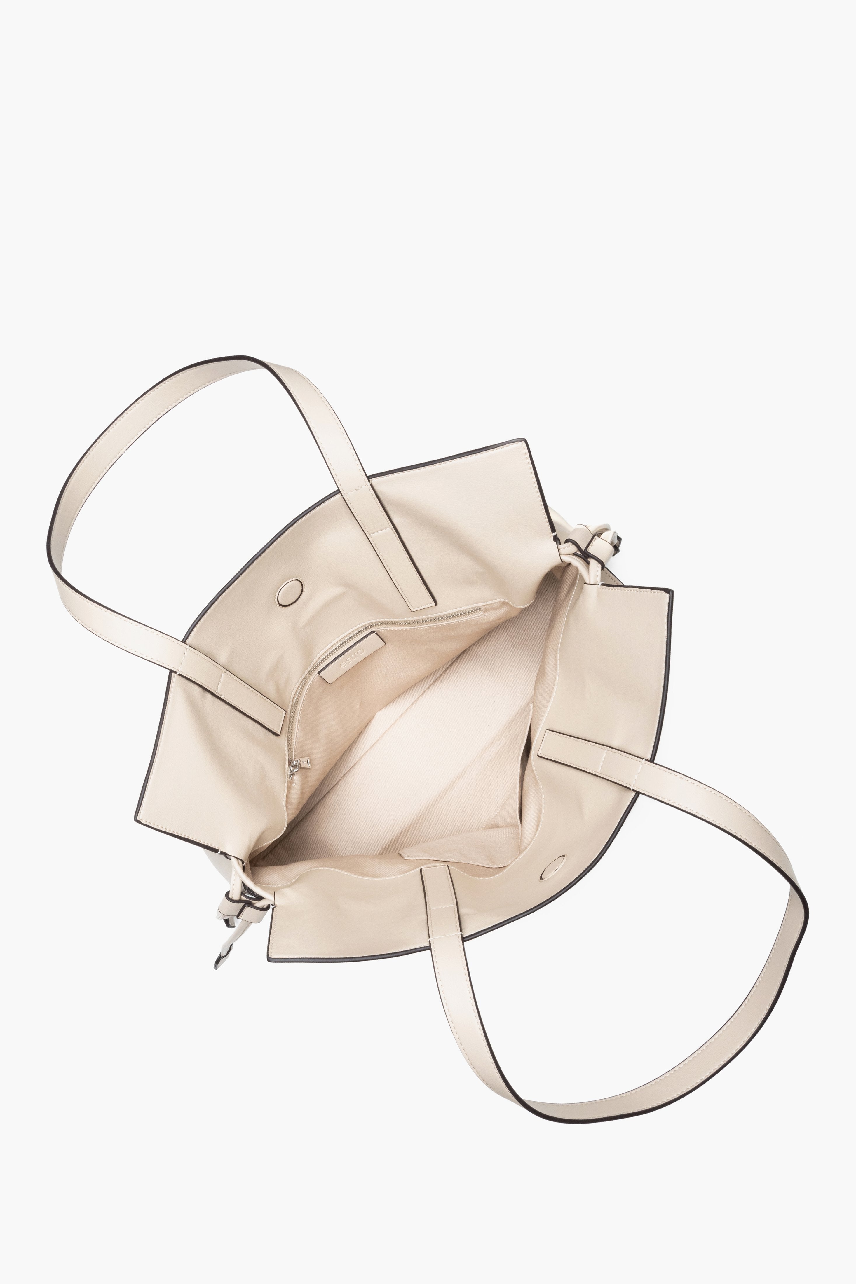 Spacious shopper bag featuring a wide-opening main compartment with magnetic closure, functional pockets, and optimally sized 22 cm handles in milky-beige colour.