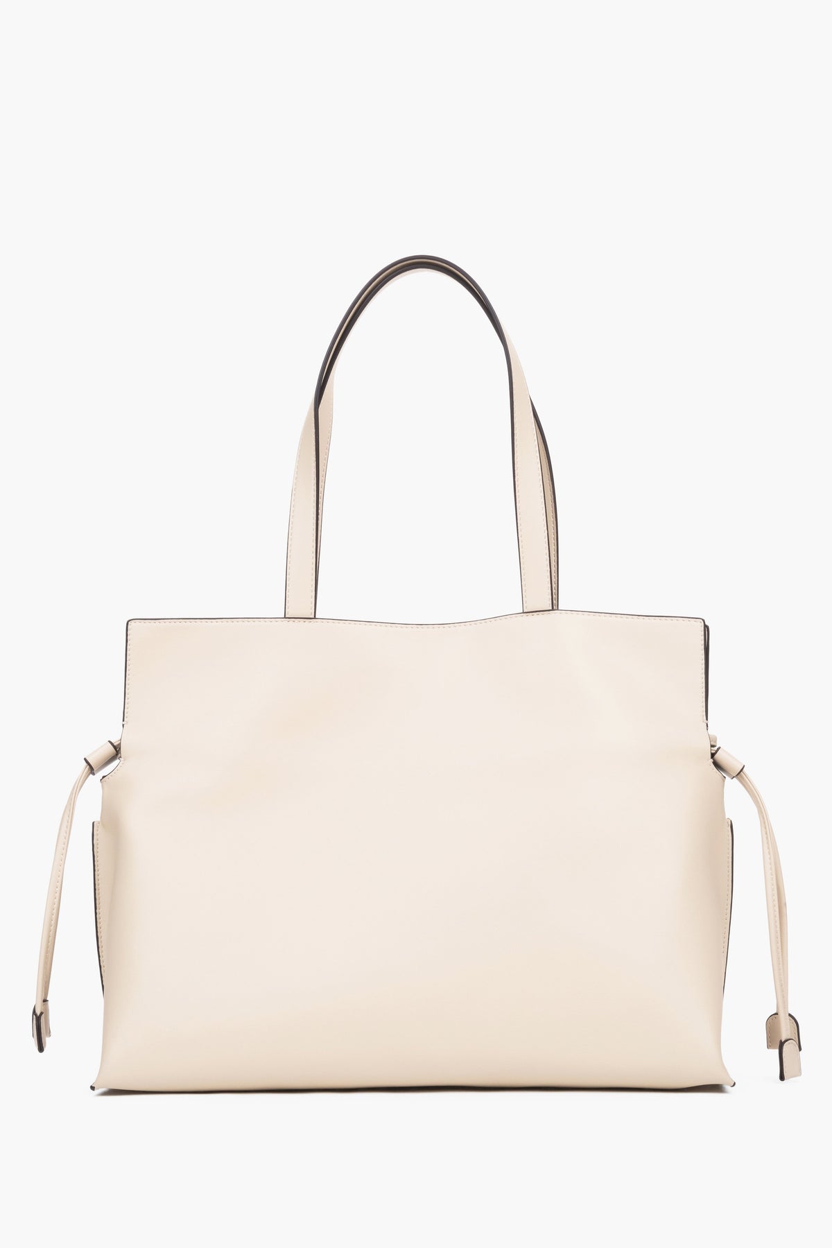 Close-up of a beige bag featuring adjustable side drawstrings that elegantly gather the sides and transform the silhouette of the bag.