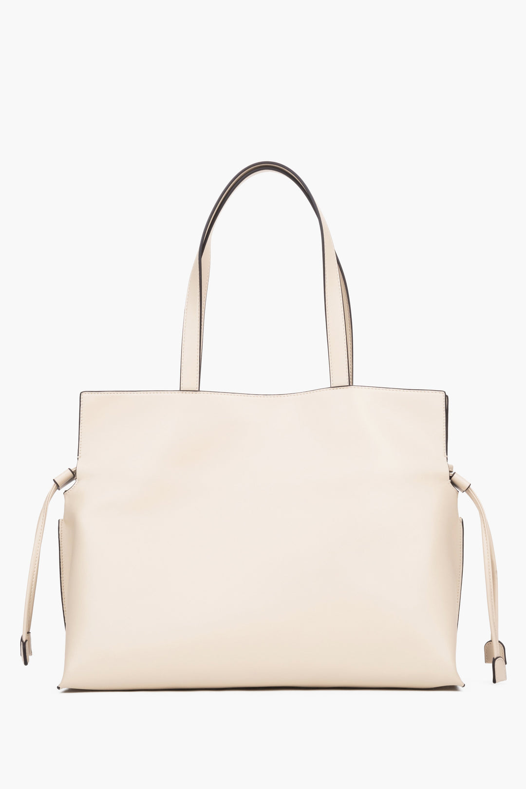 Close-up of a beige bag featuring adjustable side drawstrings that elegantly gather the sides and transform the silhouette of the bag.