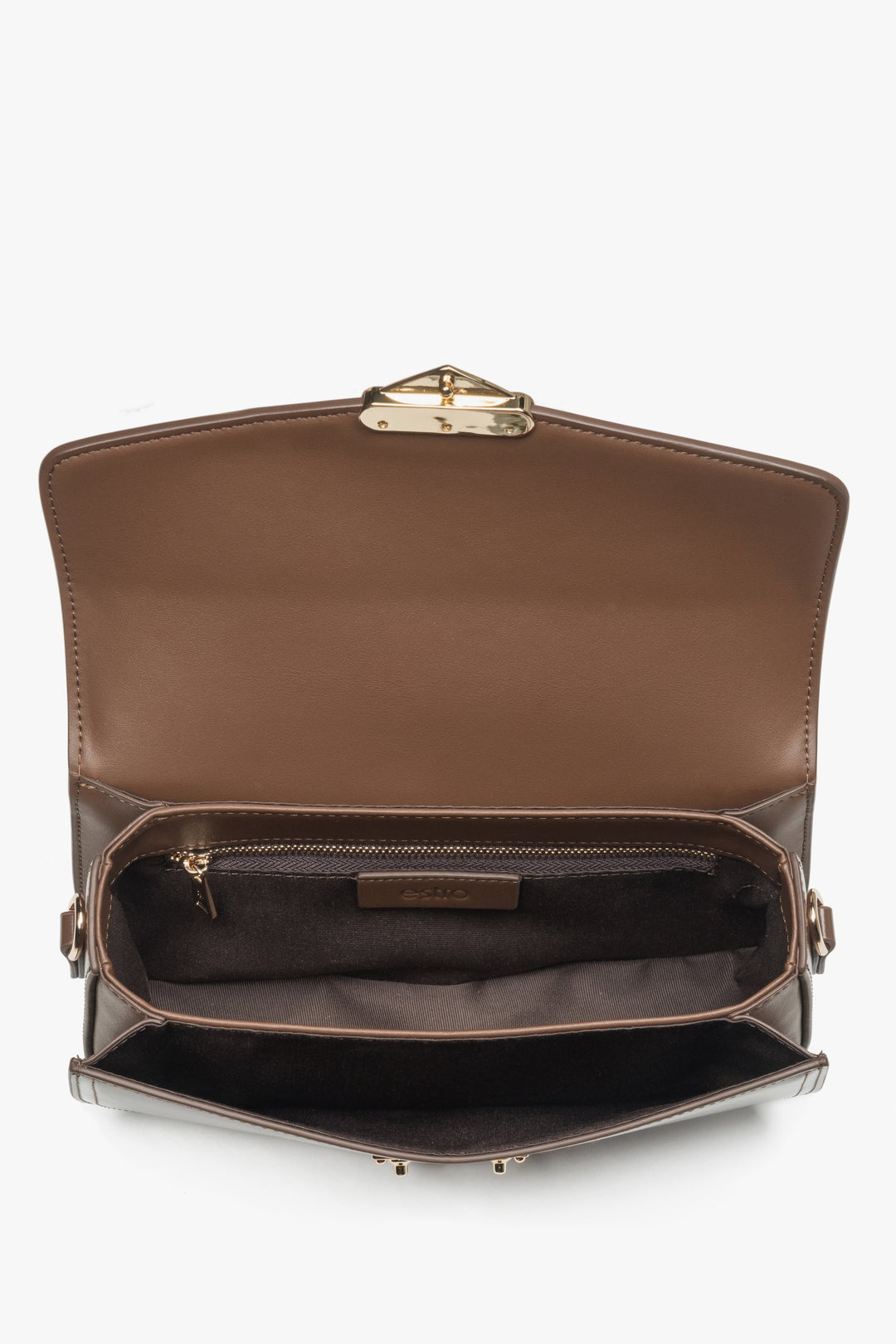 Saddle brown leather handbag featuring a gold-tone snap closure and textile lining.