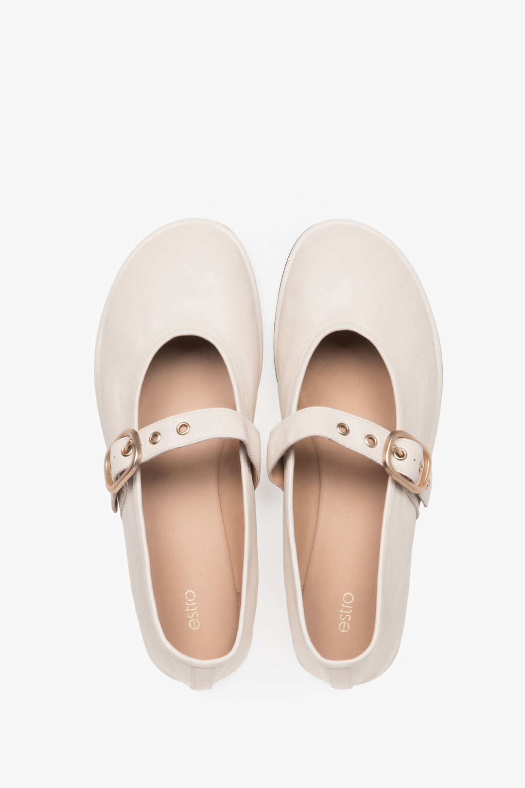 Women's Light Beige Leather Ballet Flats with a Gold Buckle Estro ER00119877.