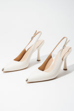 Women’s Light Beige Leather Slingback Pumps with Heel and Gold Pointed Toe Estro ER00119582.