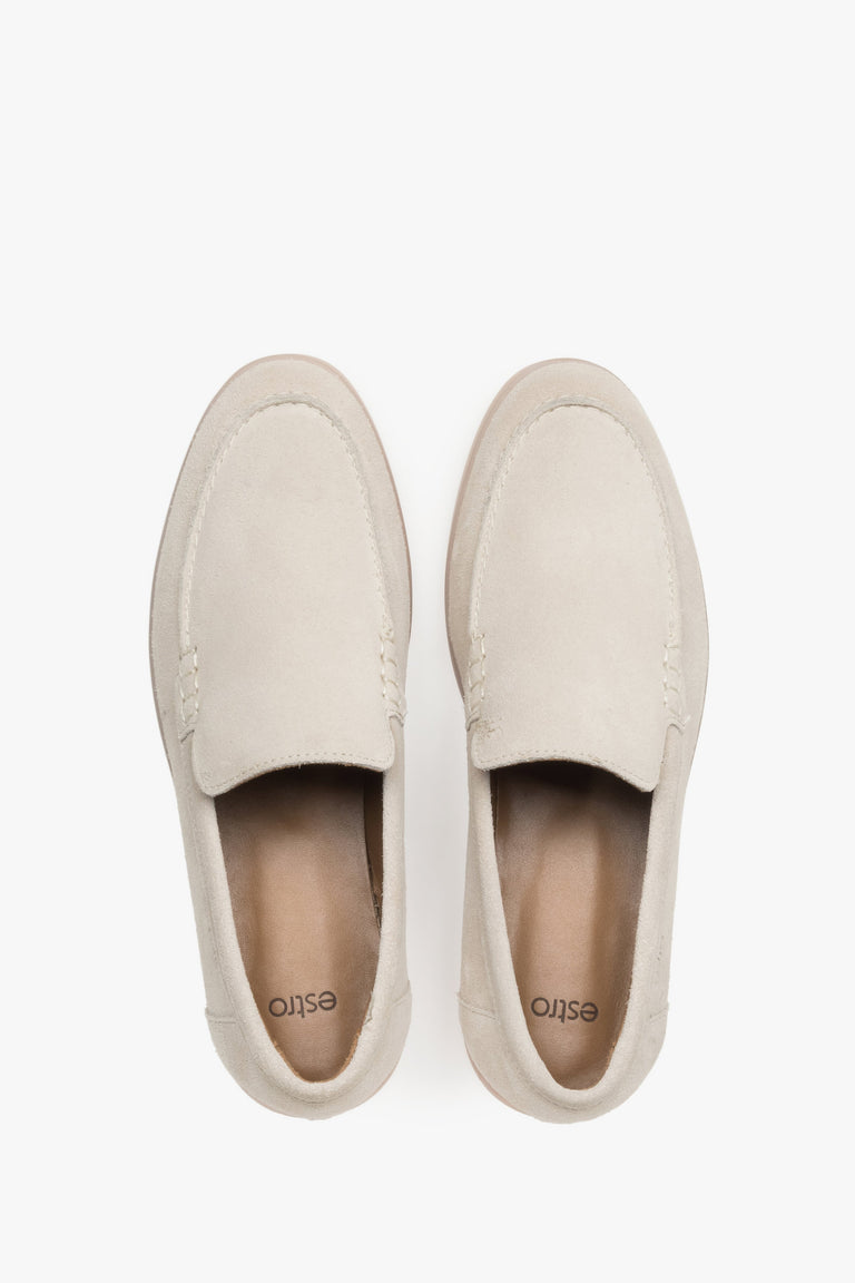 Elegant women’s loafers Estro made of premium light beige Italian velour.