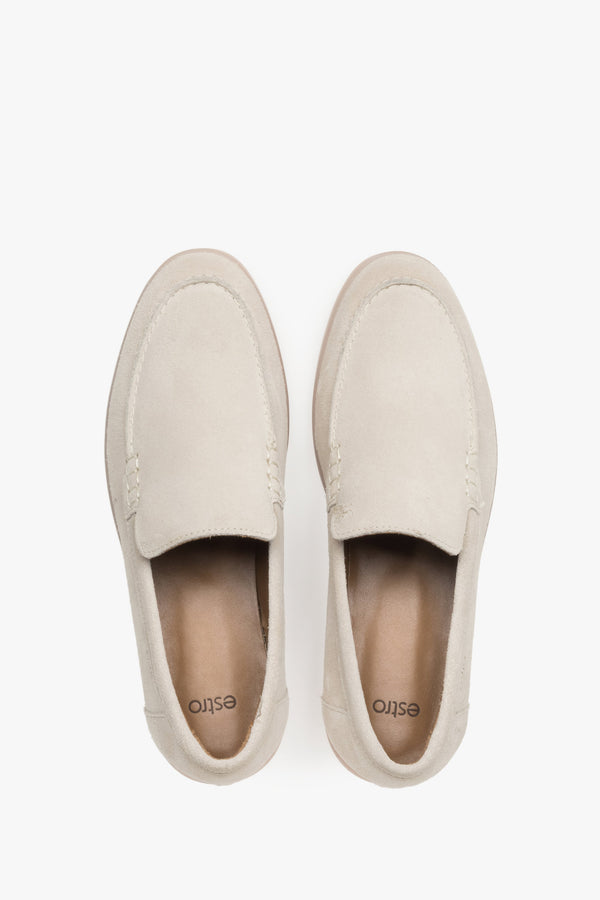 Elegant women’s loafers Estro made of premium light beige Italian velour.
