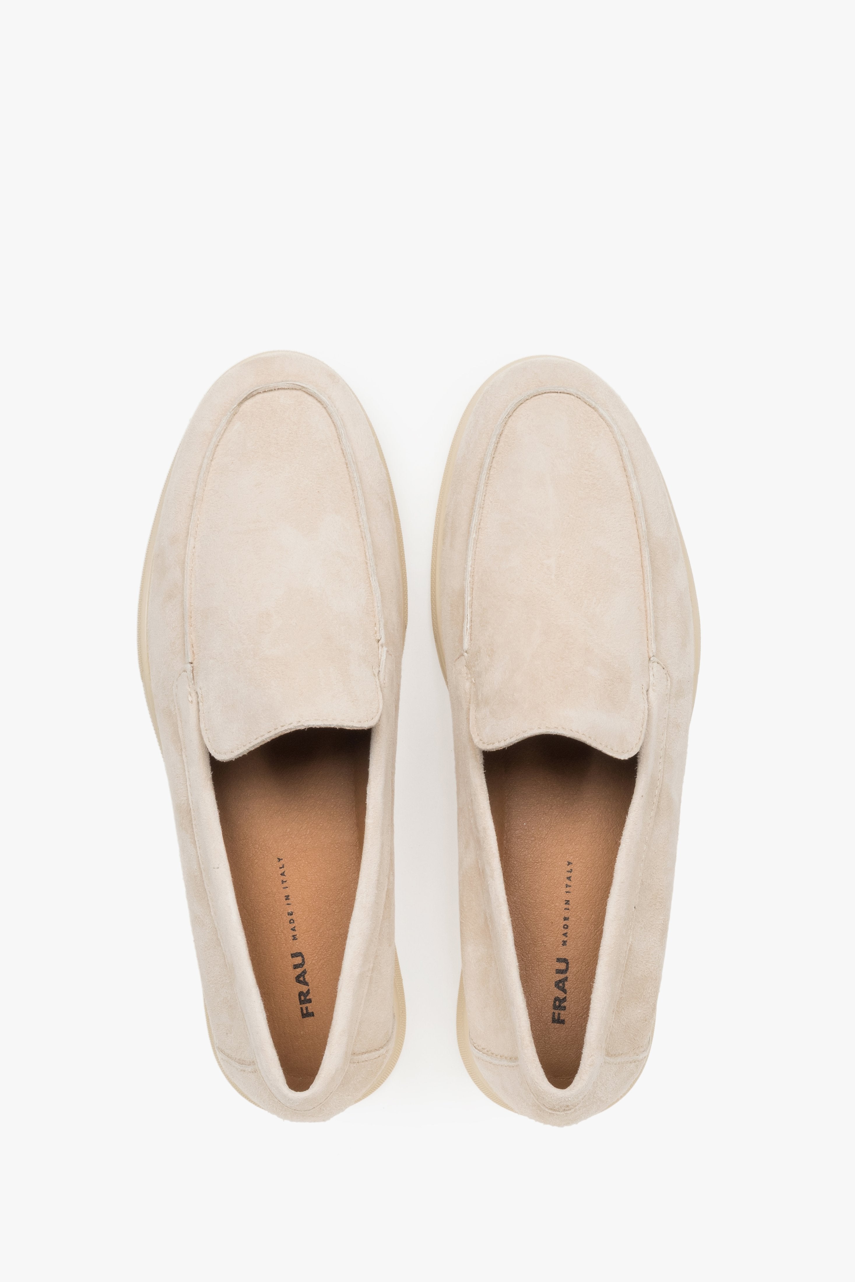 Women's velour loafers in light beige by Frau – a top view highlighting the contoured front and the Italian leather insole with the Frau brand logo.