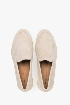 Women's velour loafers in light beige by Frau – a top view highlighting the contoured front and the Italian leather insole with the Frau brand logo.