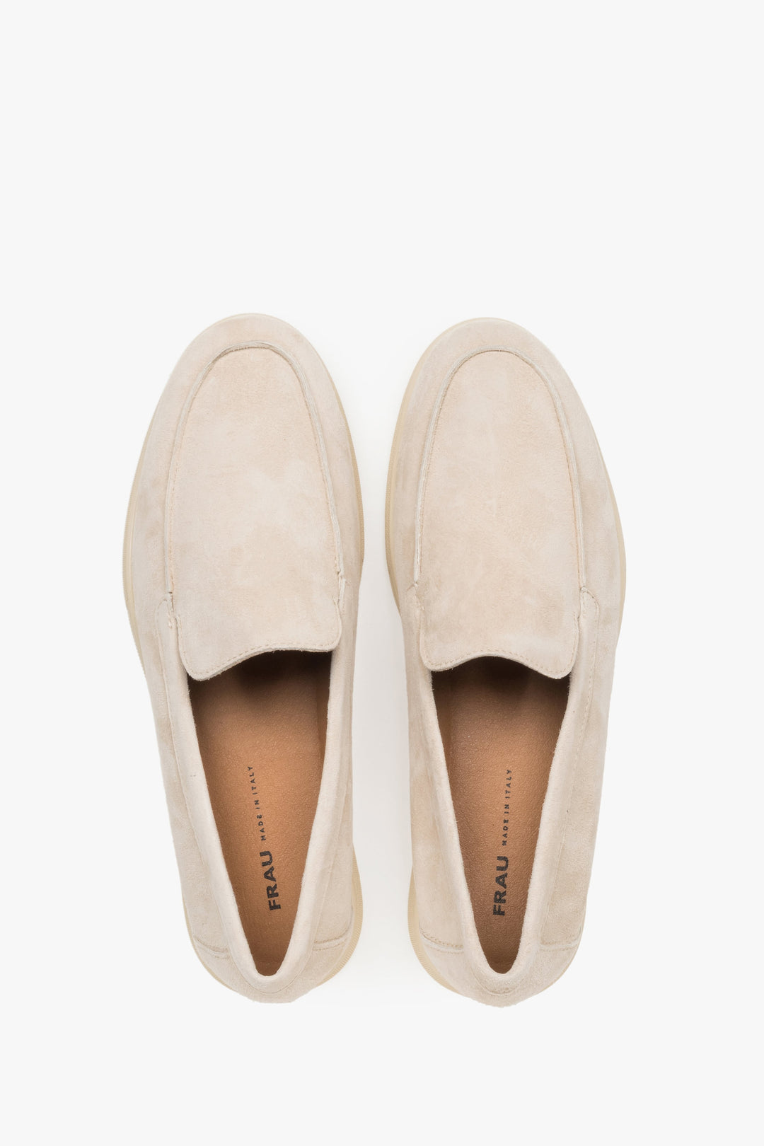 Women's velour loafers in light beige by Frau – a top view highlighting the contoured front and the Italian leather insole with the Frau brand logo.