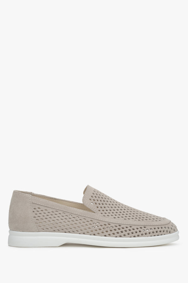 Women's Light Beige Loafers made of Premium Italian Genuine Velour with Perforation Estro ER00117584.