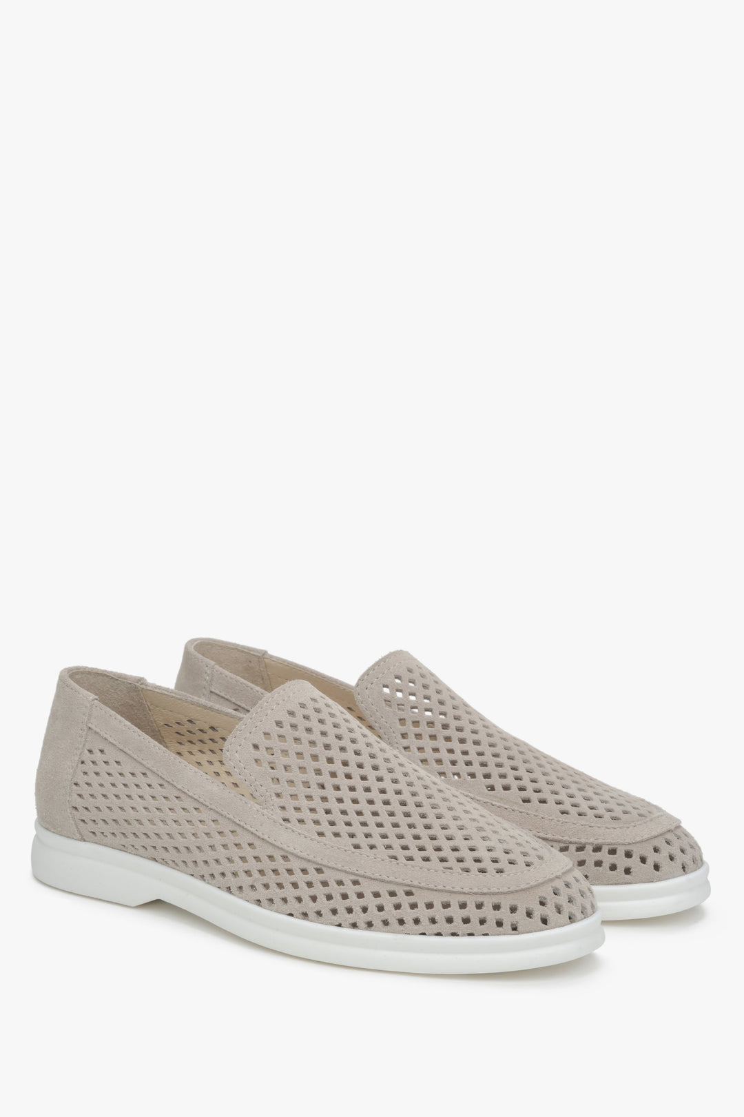 Light beige women's loafers with perforation made of Italian velour.