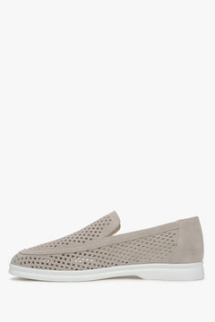 Women's loafers made of light beige Italian velour with perforation.