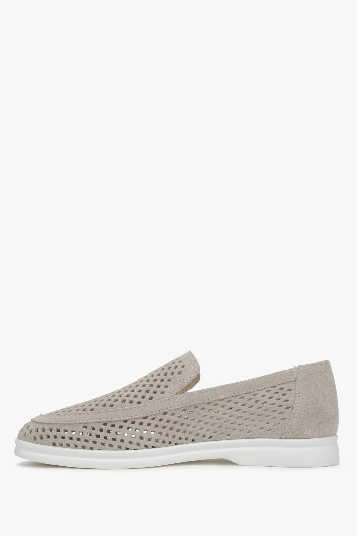 Women's loafers made of light beige Italian velour with perforation.